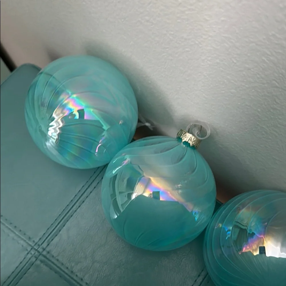 3 Large Iridescent Aqua Glass Holiday Ornaments